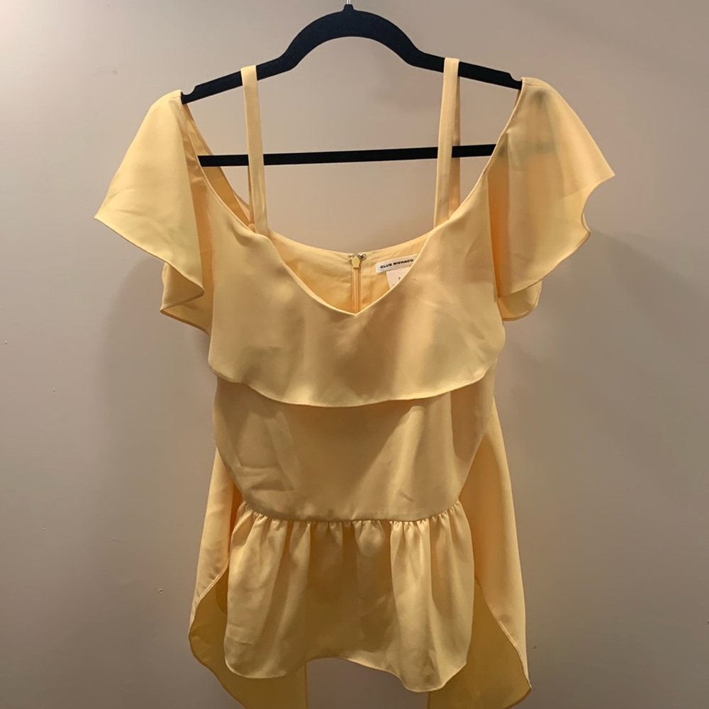 CLUB Monaco Yellow Akua Cold  Shoulder Ruffle Peplum Top Front Tie Size …